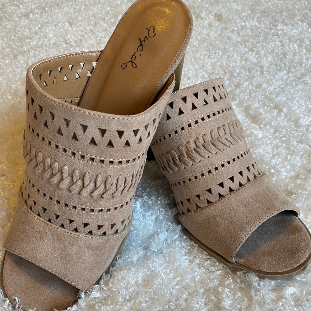 Suede Beige Chunk Heels